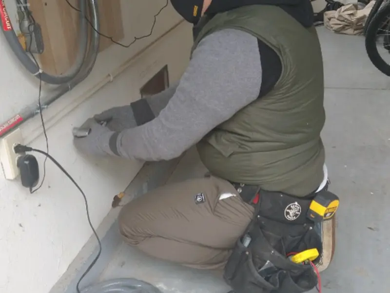 Electrician performing outlet wiring in a Deer Park garage